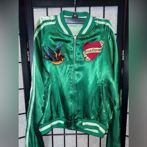 & Other Stories Green Satin Bomber Jacket with Embroidery